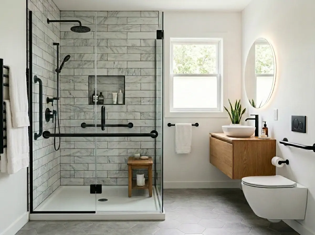 Residential bathroom with integrated grab bars