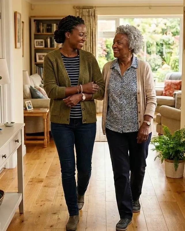 Adult daughter and her mother walking together through a bright home