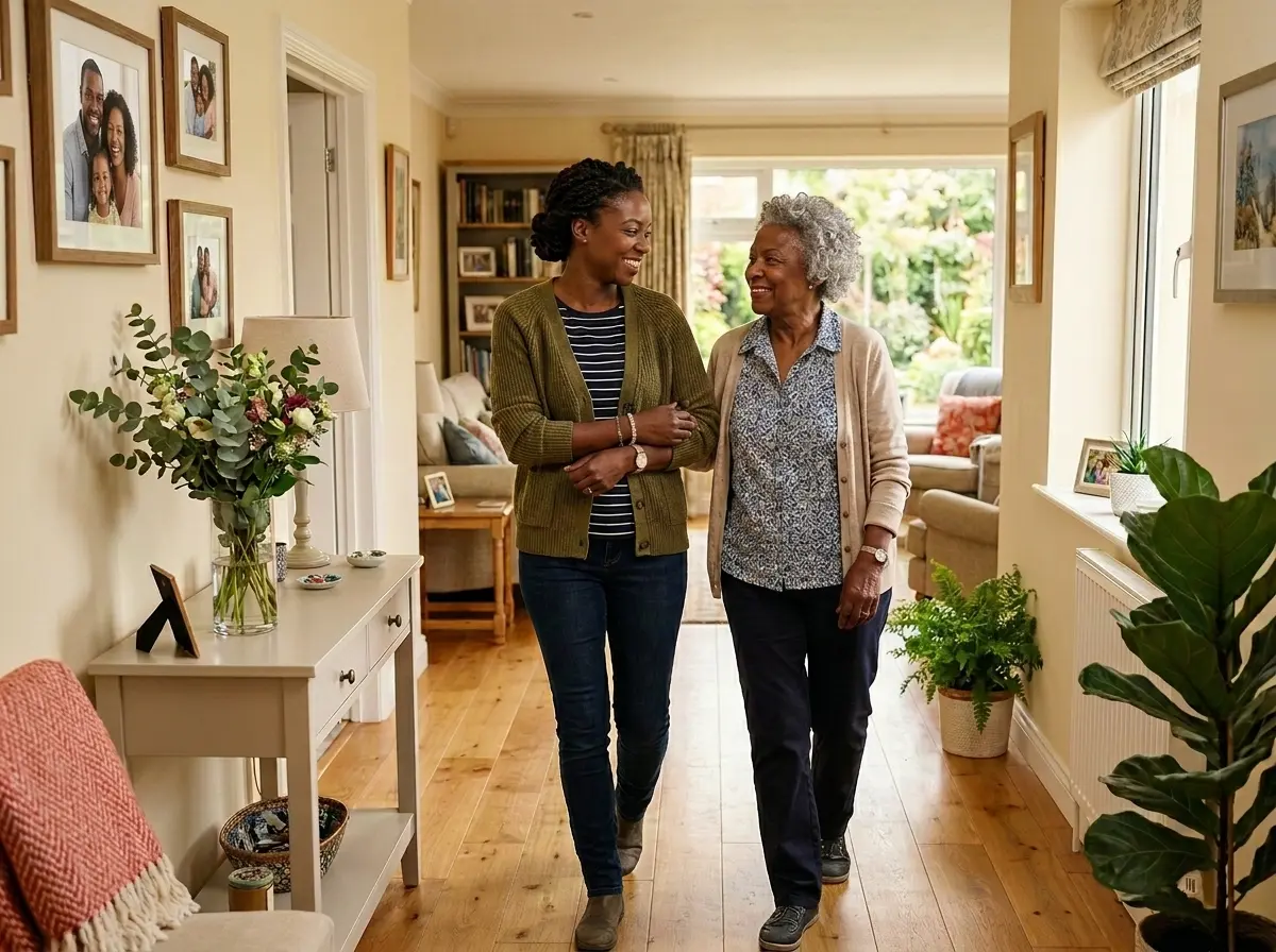 Adult daughter walking with her mother through a bright home