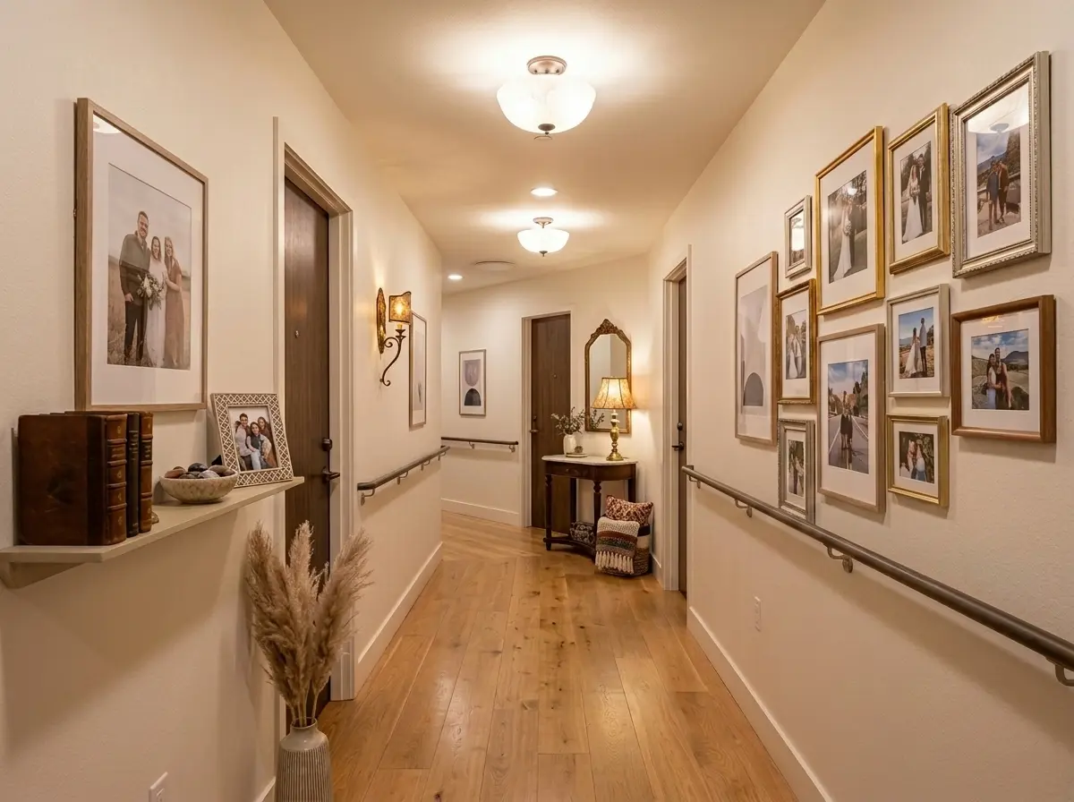Well-lit residential hallway with handrail