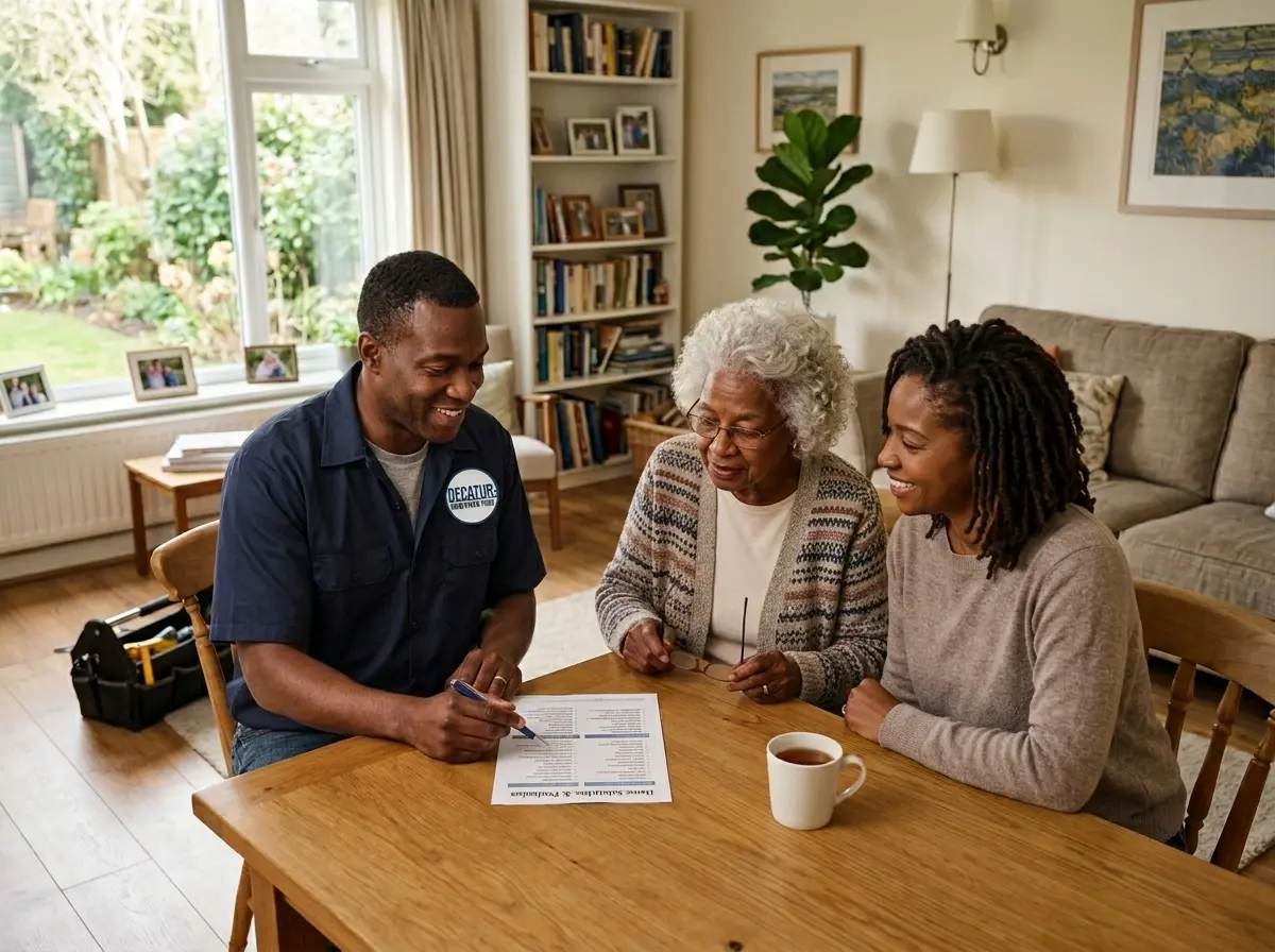 Handyman reviewing a home-improvement checklist with a homeowner and her daughter