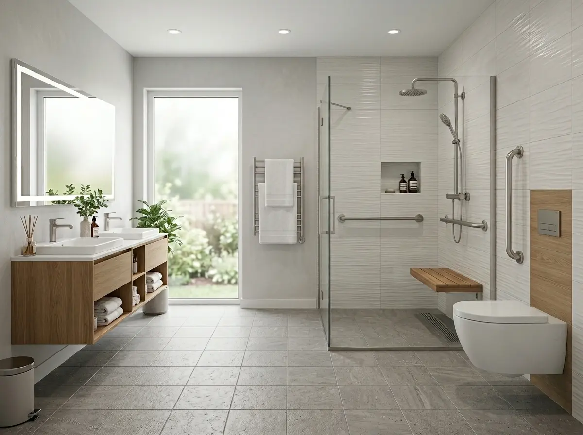 Bright modern bathroom with practical accessibility improvements