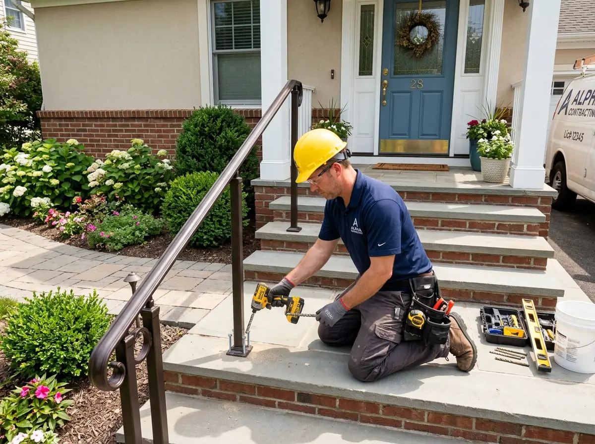 Handyman installing a secure exterior handrail