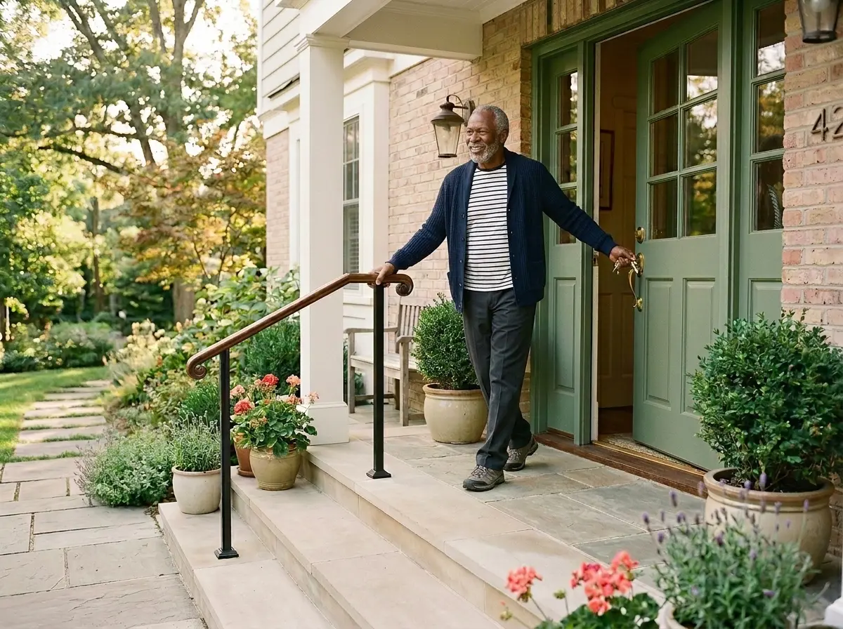 Older homeowner comfortably using a handrail at the entrance to her home