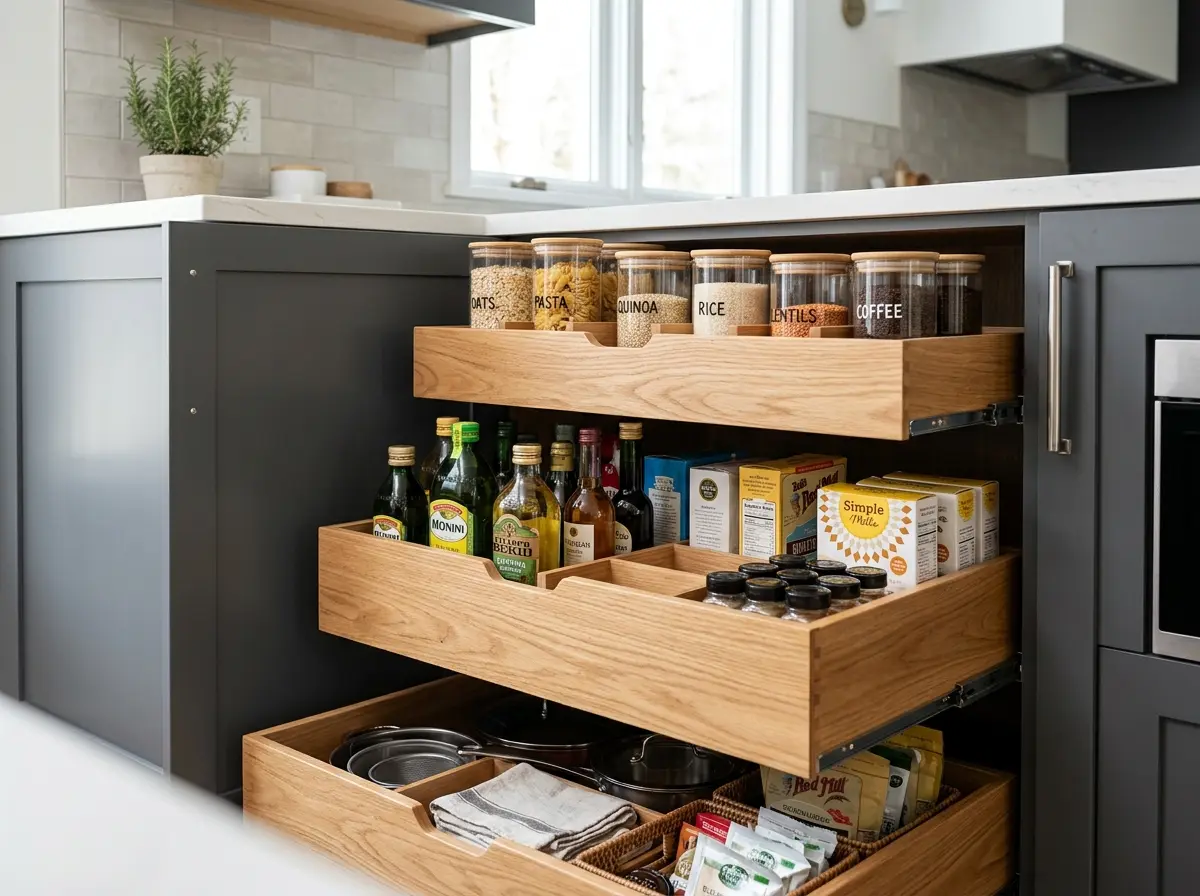 Pull-out kitchen shelving that makes stored items easier to reach